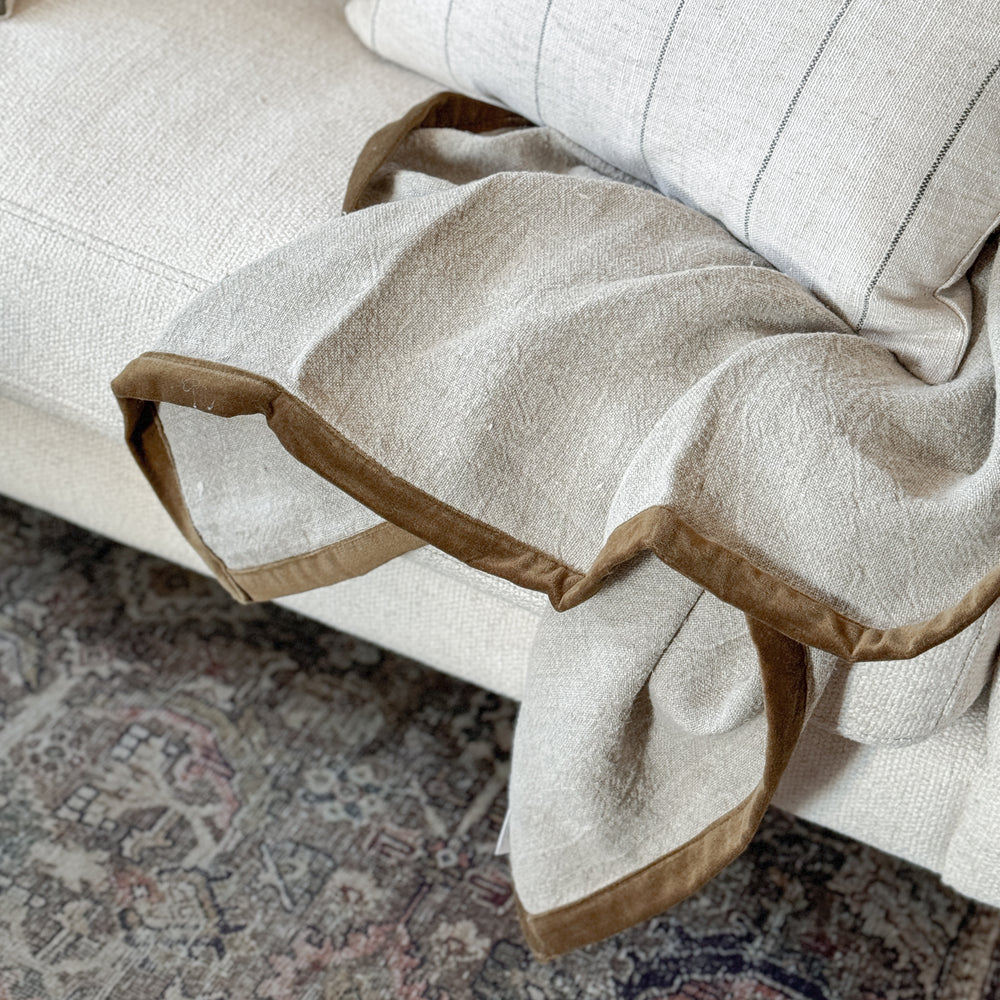 Olive Green Velvet Trim Linen Throw.