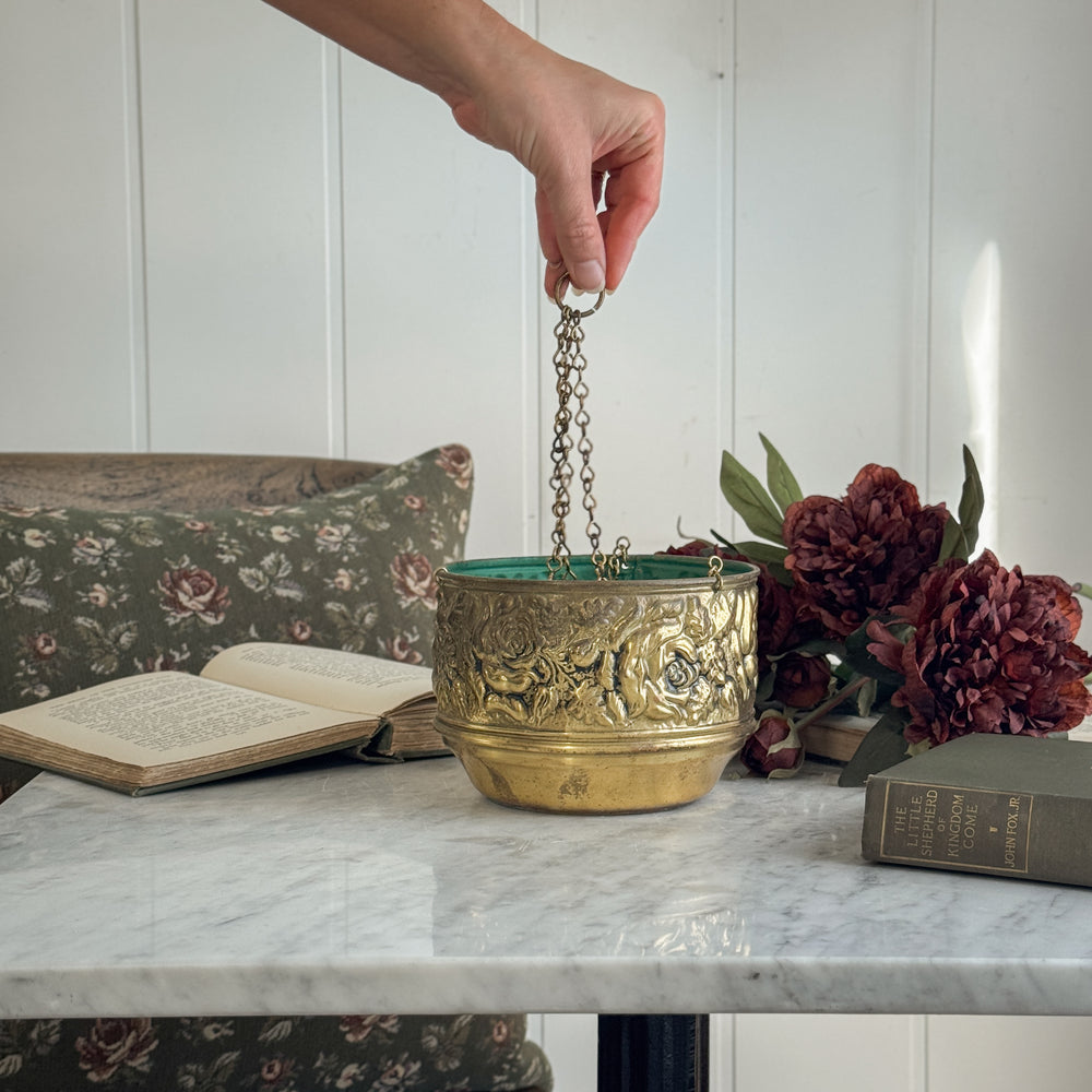 Vintage Brass Rose Hanging Planter.