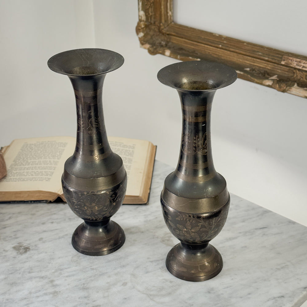 Vintage Dark Brass tapered Floral Vase Pair