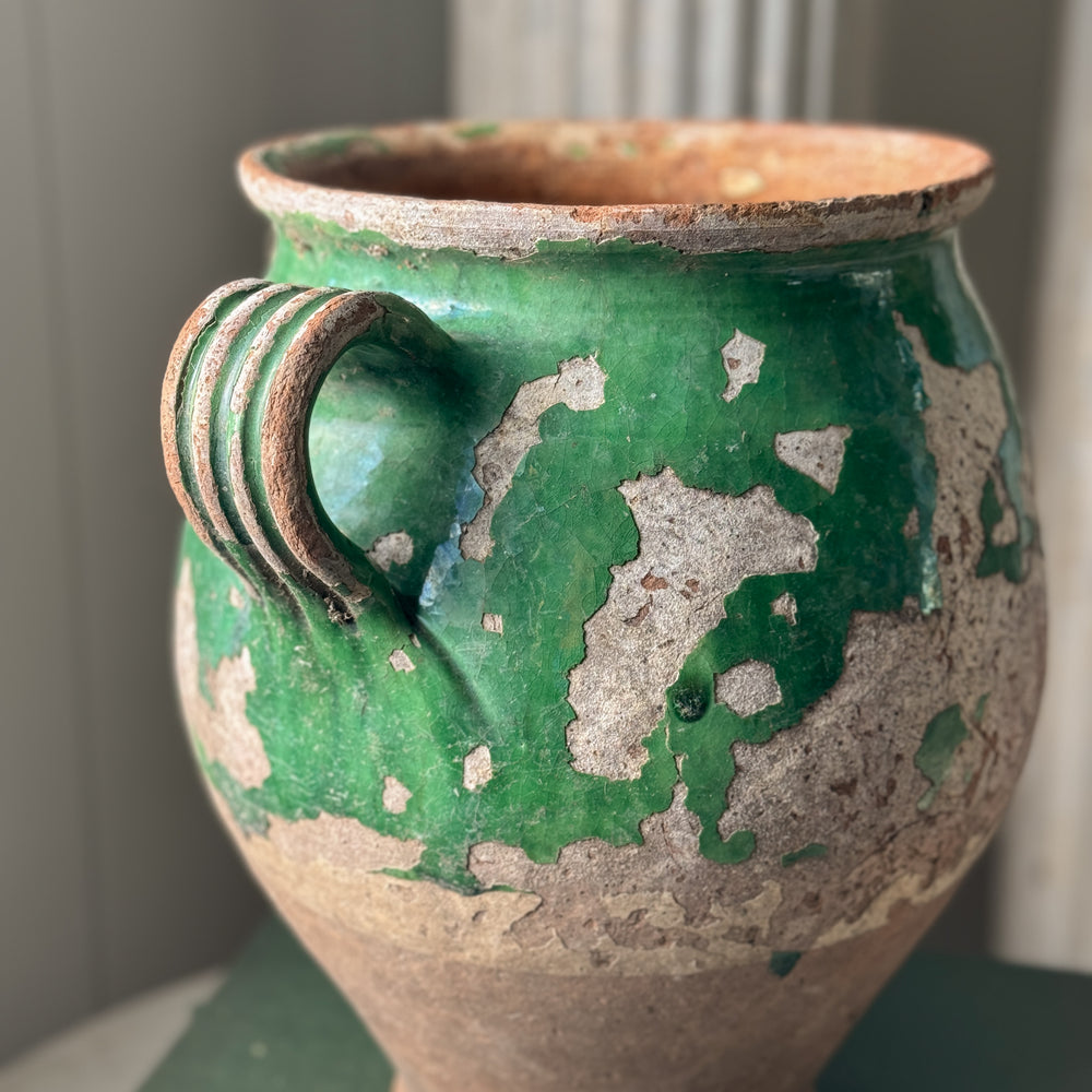 Antique green french confit pot