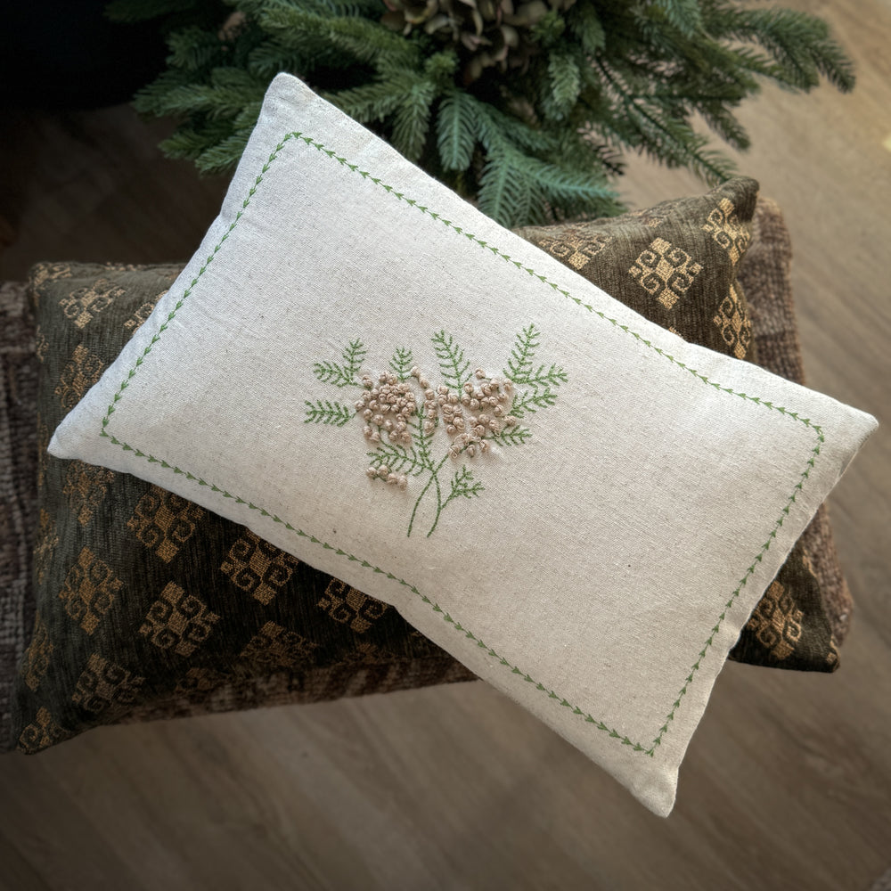 Embroidered Linen Mistletoe Pillow.