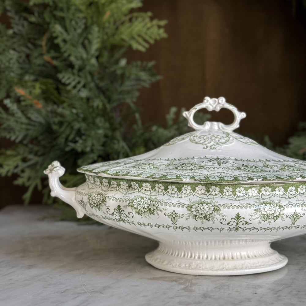 Antique green and white Hanley tureen w/lid.