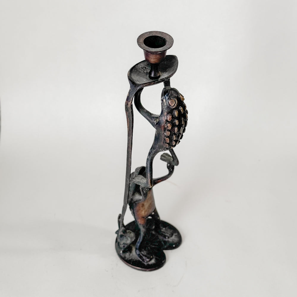 Vintage gold brass frog taper candlestick