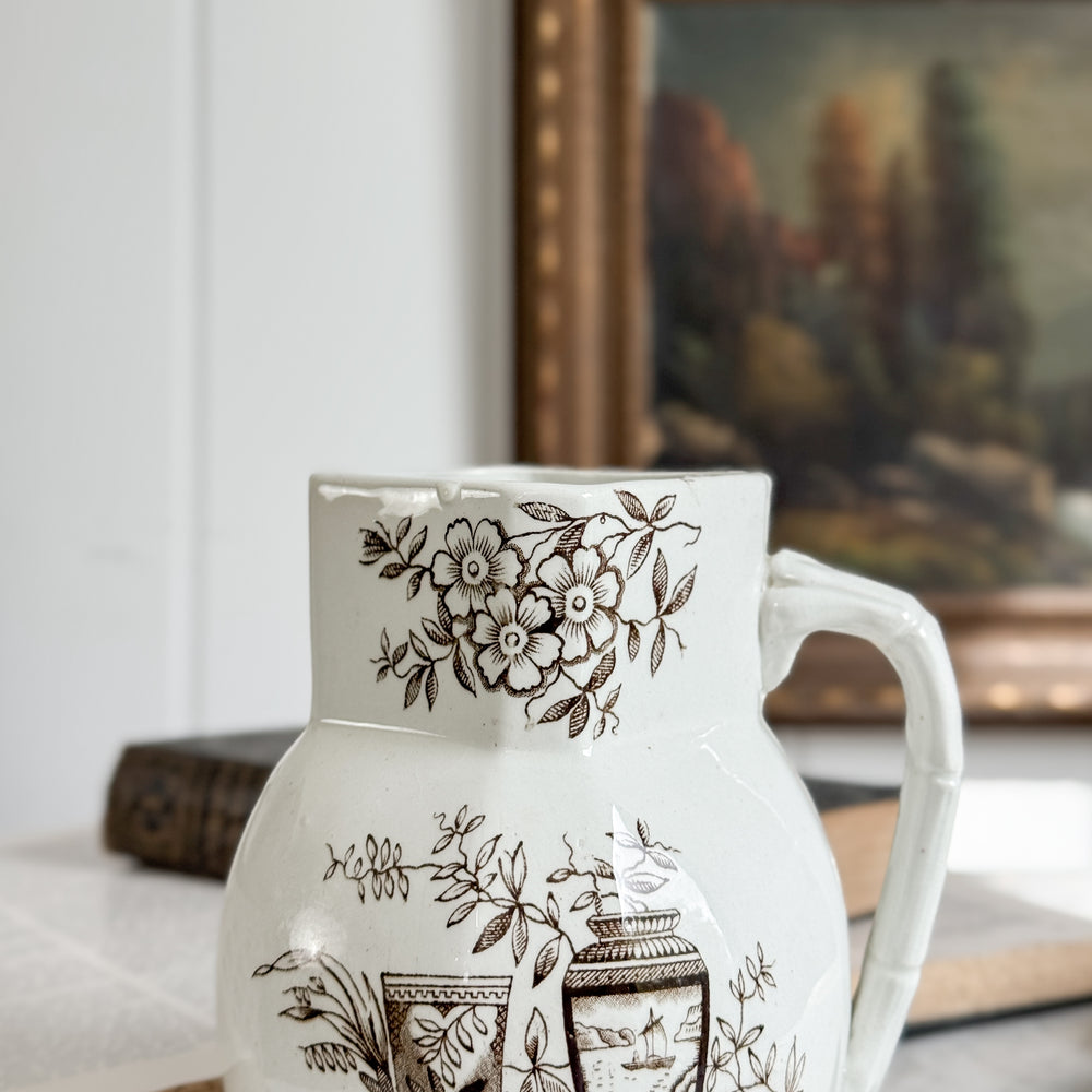 Antique Ironstone Brown Transferware Pitcher