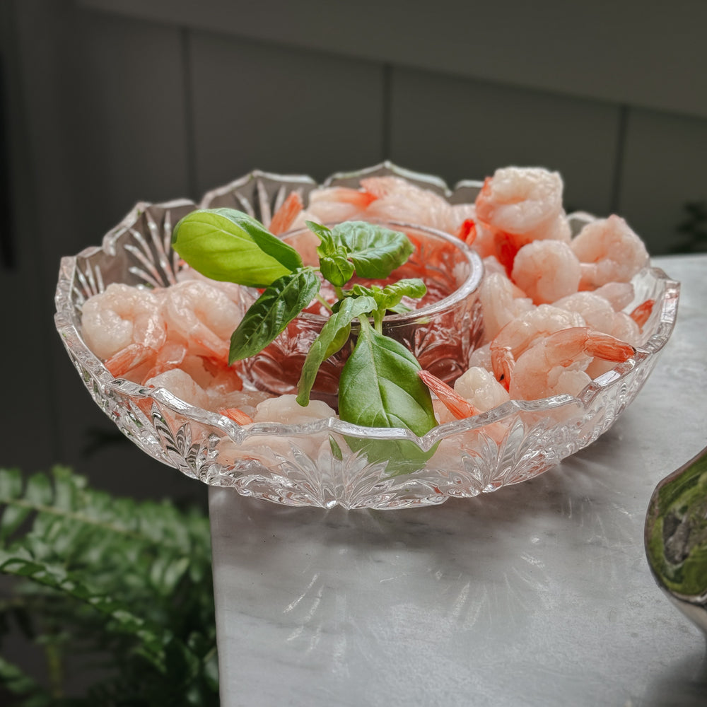 Vintage cut glass cocktail plate set with bowl insert.