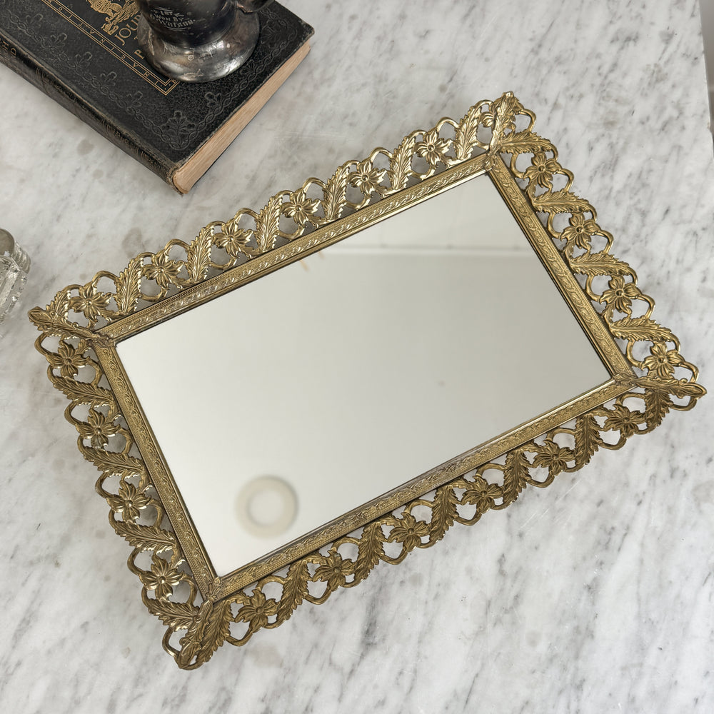 Vintage gold mirror vanity tray.