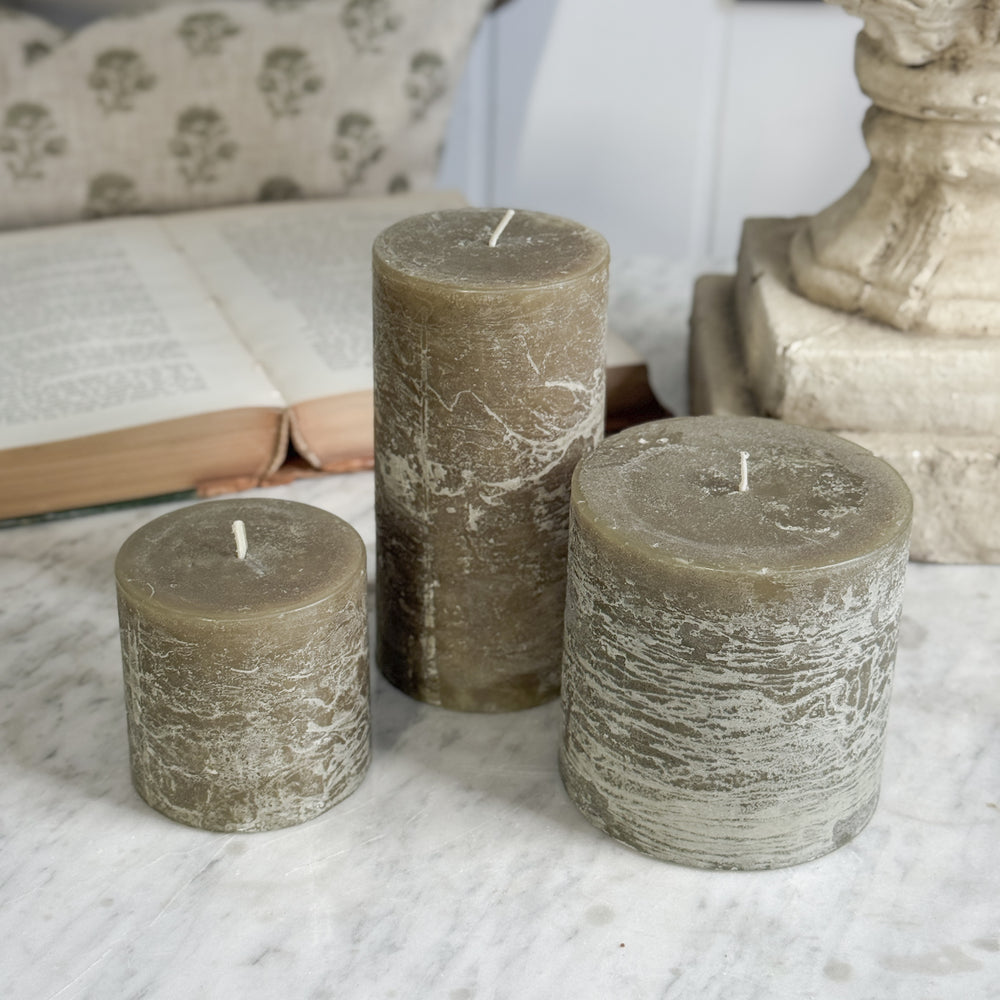 Olive Pillar Candles.