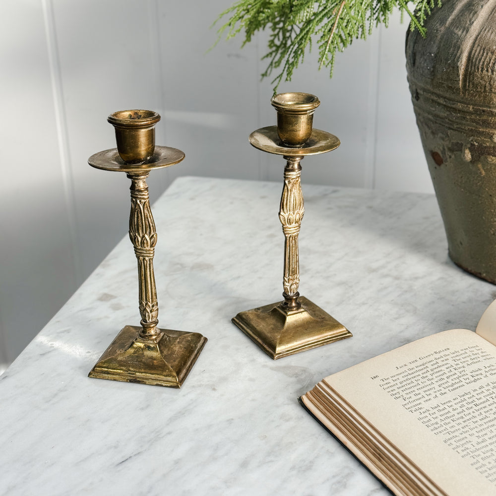Vintage pair brass column taper candleholders.