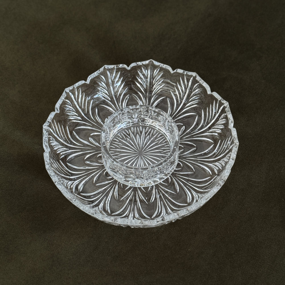 Vintage cut glass cocktail plate set with bowl insert.