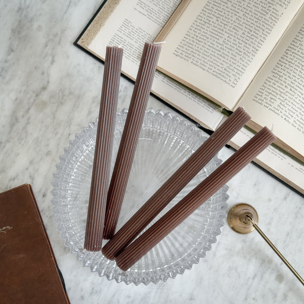 Burgundy Brown Ribbed Taper candle Pair