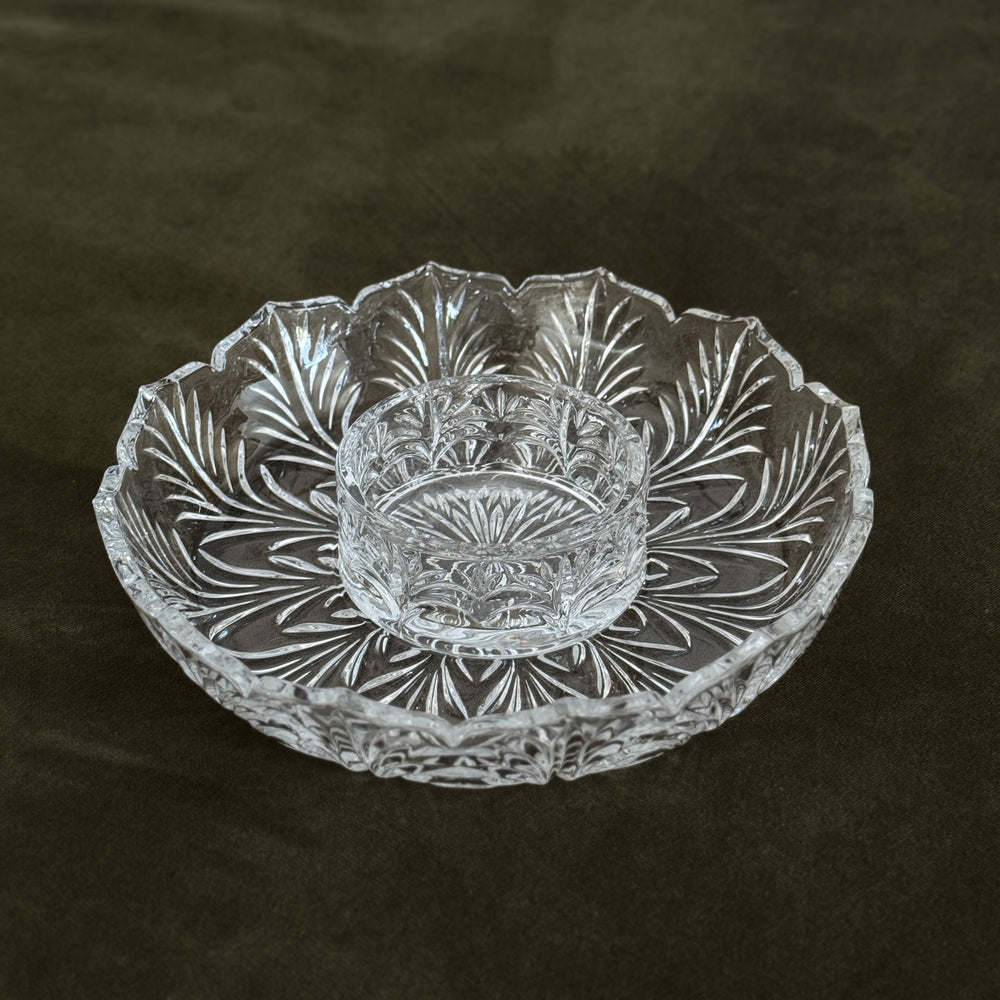 Vintage cut glass cocktail plate set with bowl insert.