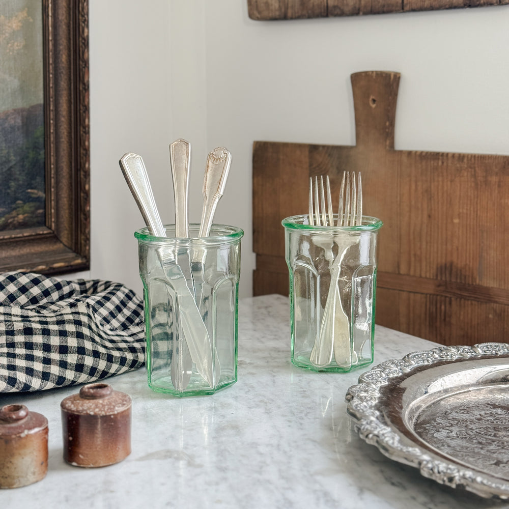 Vintage Anchor Hocking green jam jars.