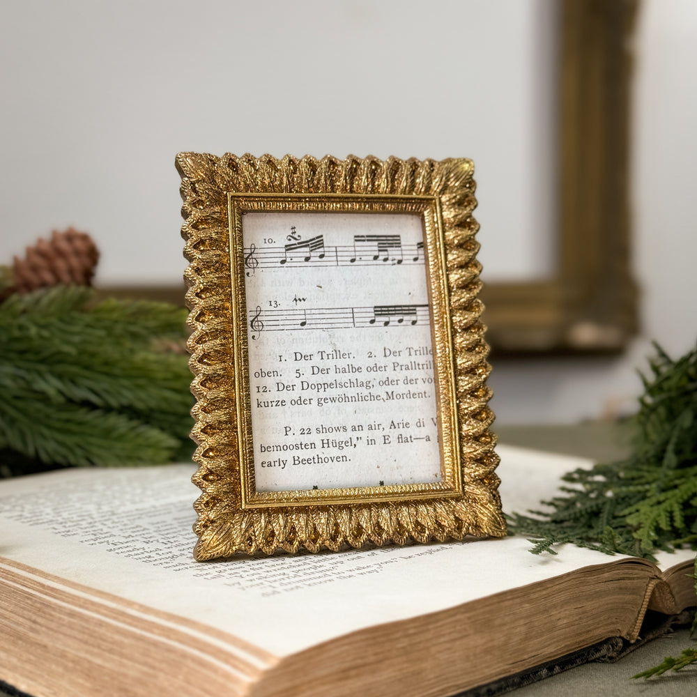 Antiqued Gold Feathered Frame.