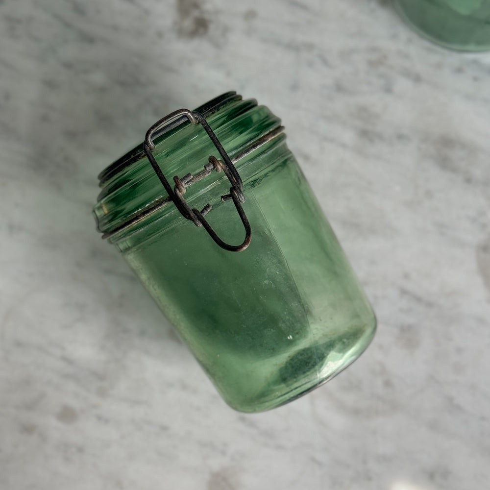 Vintage M Wide Green Glass Canning Jar- FRANCE
