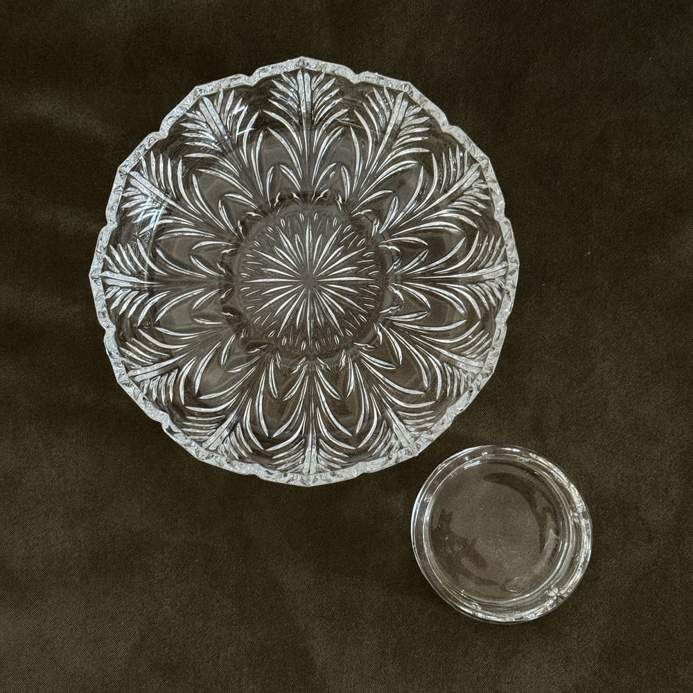 Vintage cut glass cocktail plate set with bowl insert.