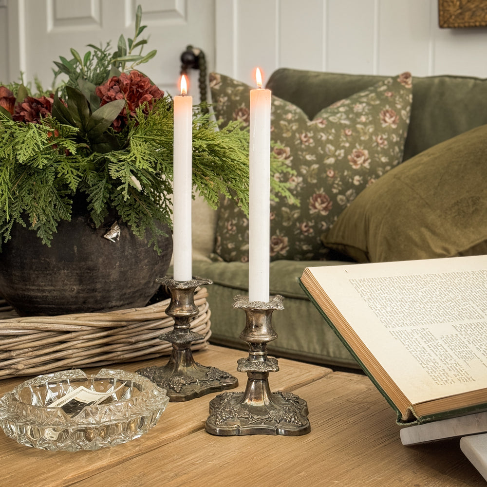 Vintage silverplate taper pair short grape.