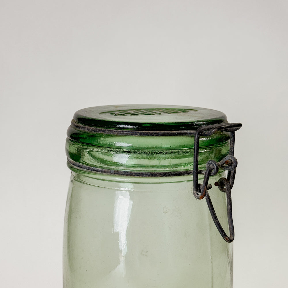 Vintage M WIDE green glass canning jar- FRANCE.