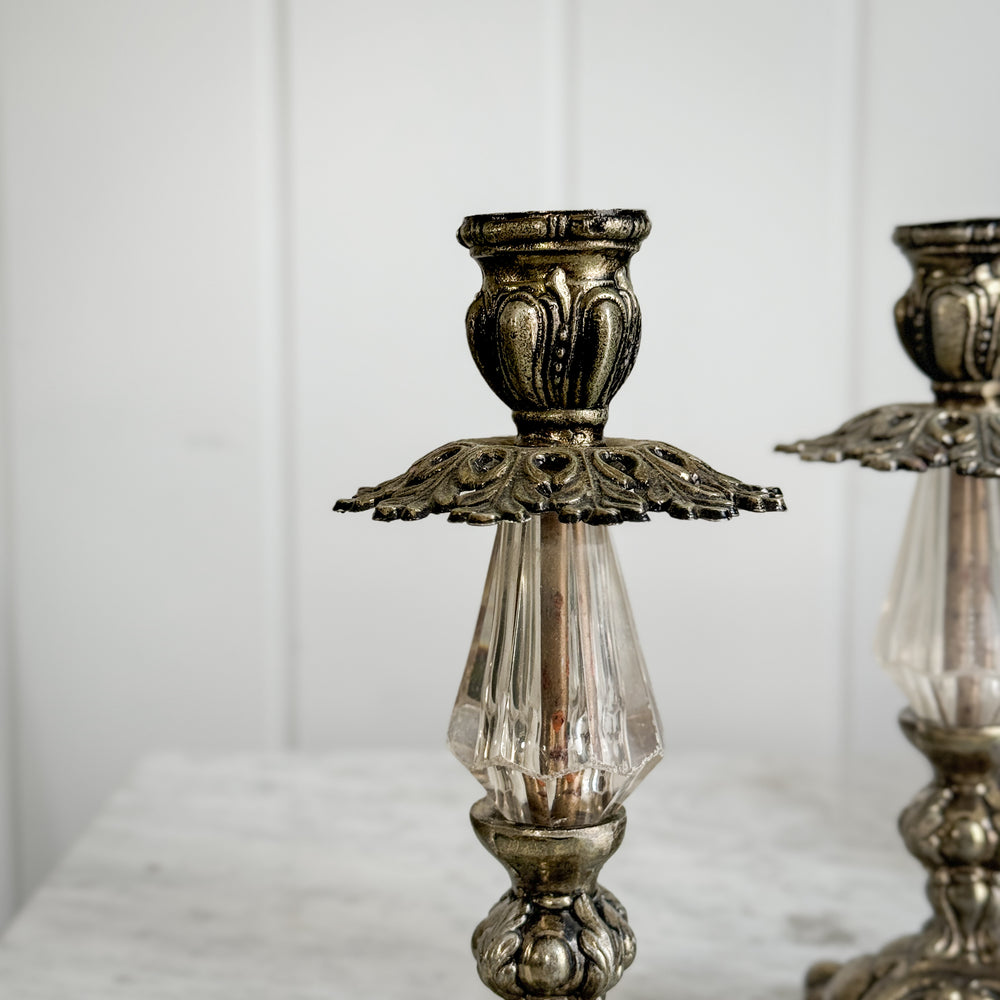 Vintage Glass and Metal Taper Pair