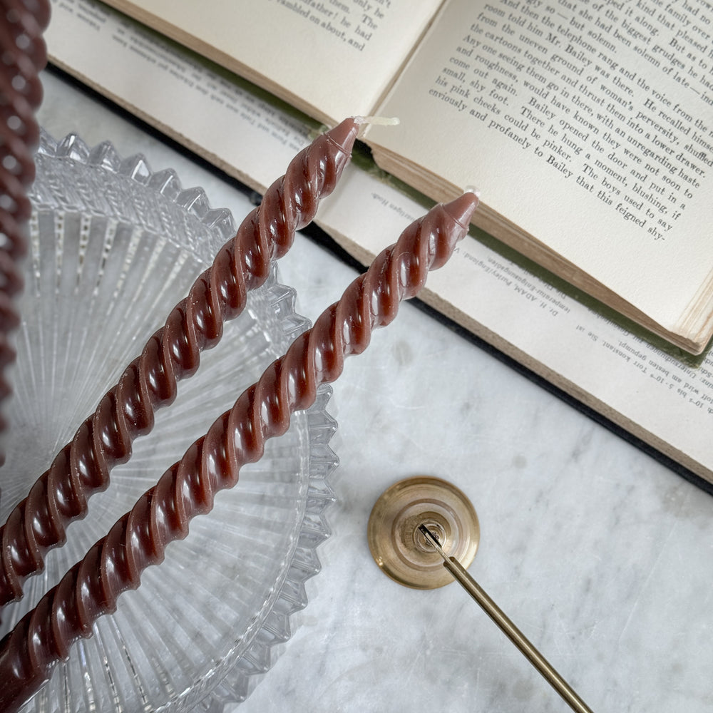 Burgundy Brown Twirl Taper candle Pair.