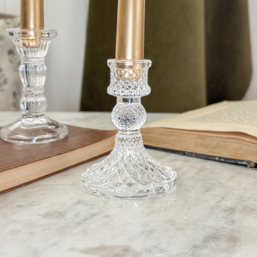 Pressed glass taper candleholder.