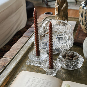 Burgundy Brown Twirl Taper candle Pair.