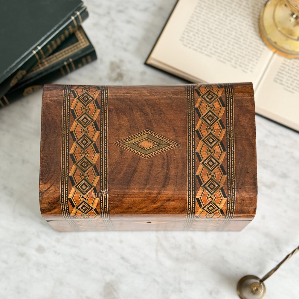 Vintage wood inlaid trunk jewellery box