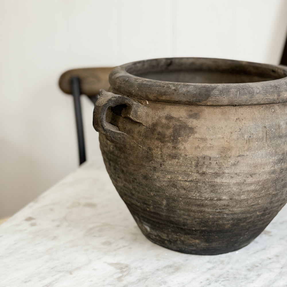 Vintage black/brown pottery vase w/ handles