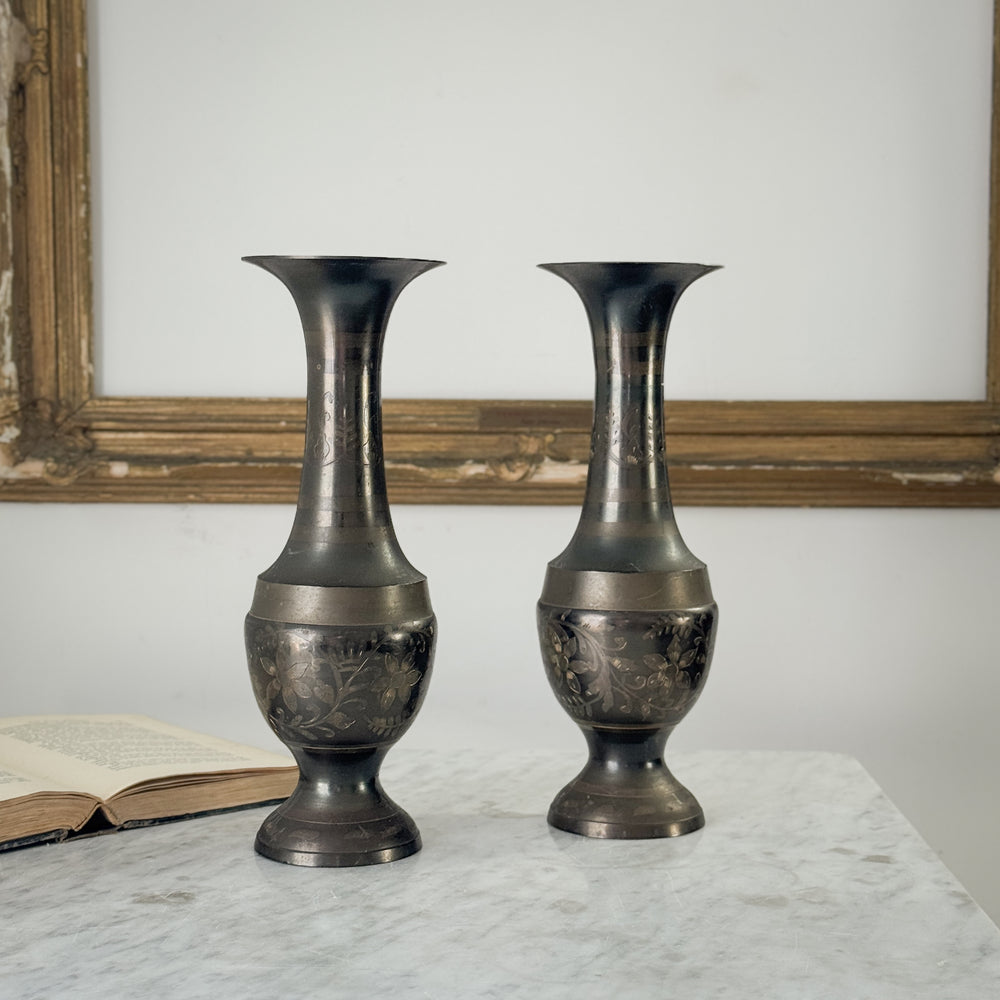 Vintage Dark Brass tapered Floral Vase Pair