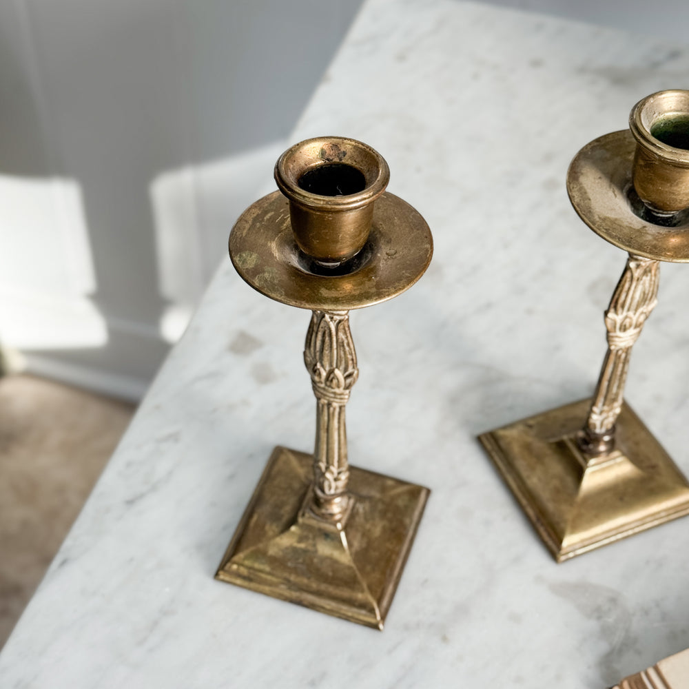 Vintage pair brass column taper candleholders.
