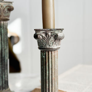 Vintage patina column taper candleholder pair.