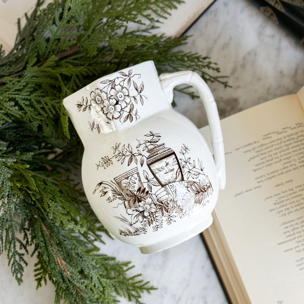 Antique Ironstone Brown Transferware Pitcher.