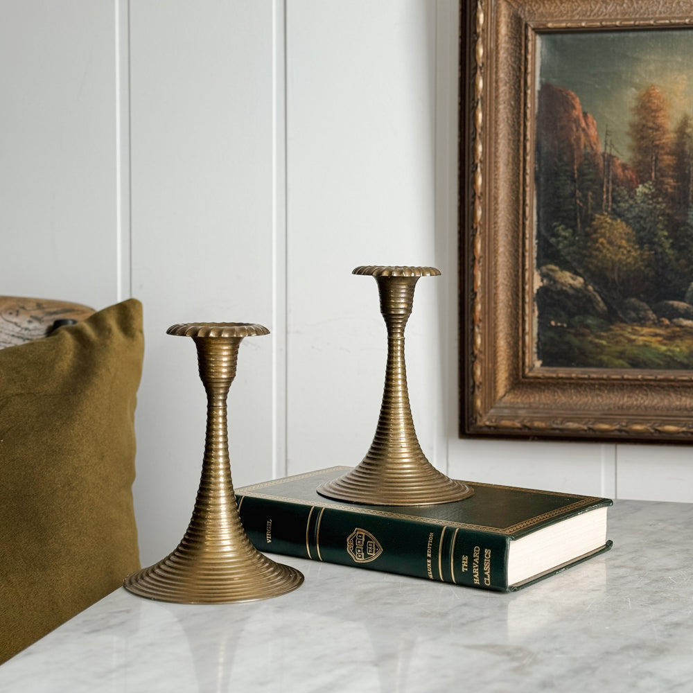 Vintage Brass Ribbed Taper Pair