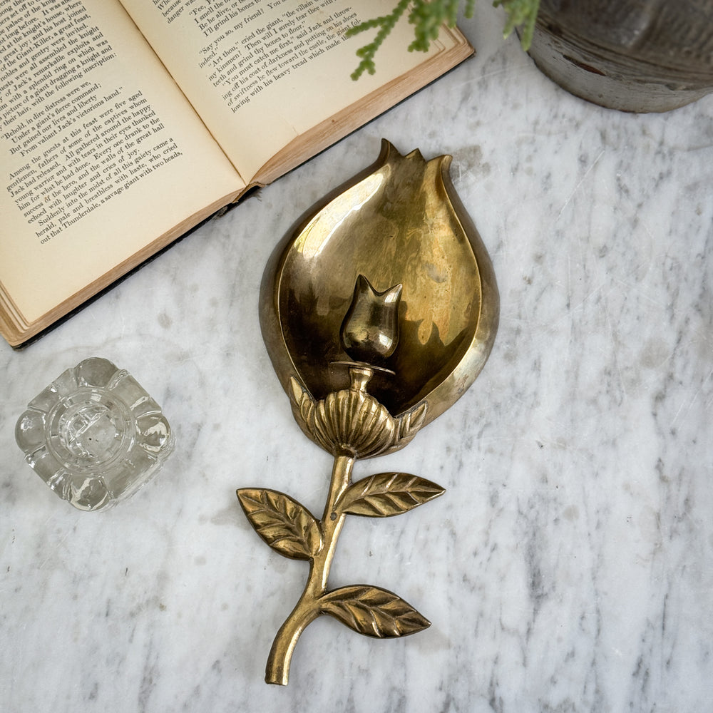 Vintage brass tulip taper wall sconce pair.