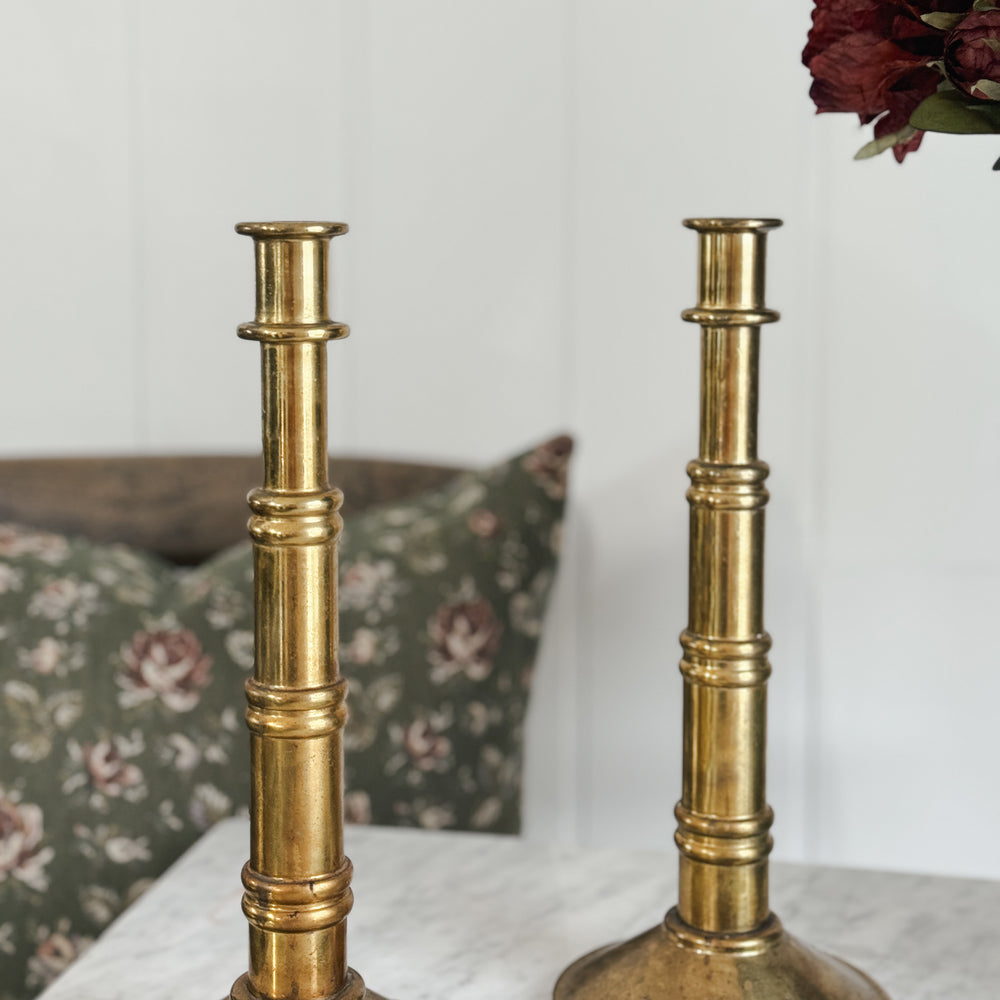 Vintage tall heavy rolled brass gold taper pair