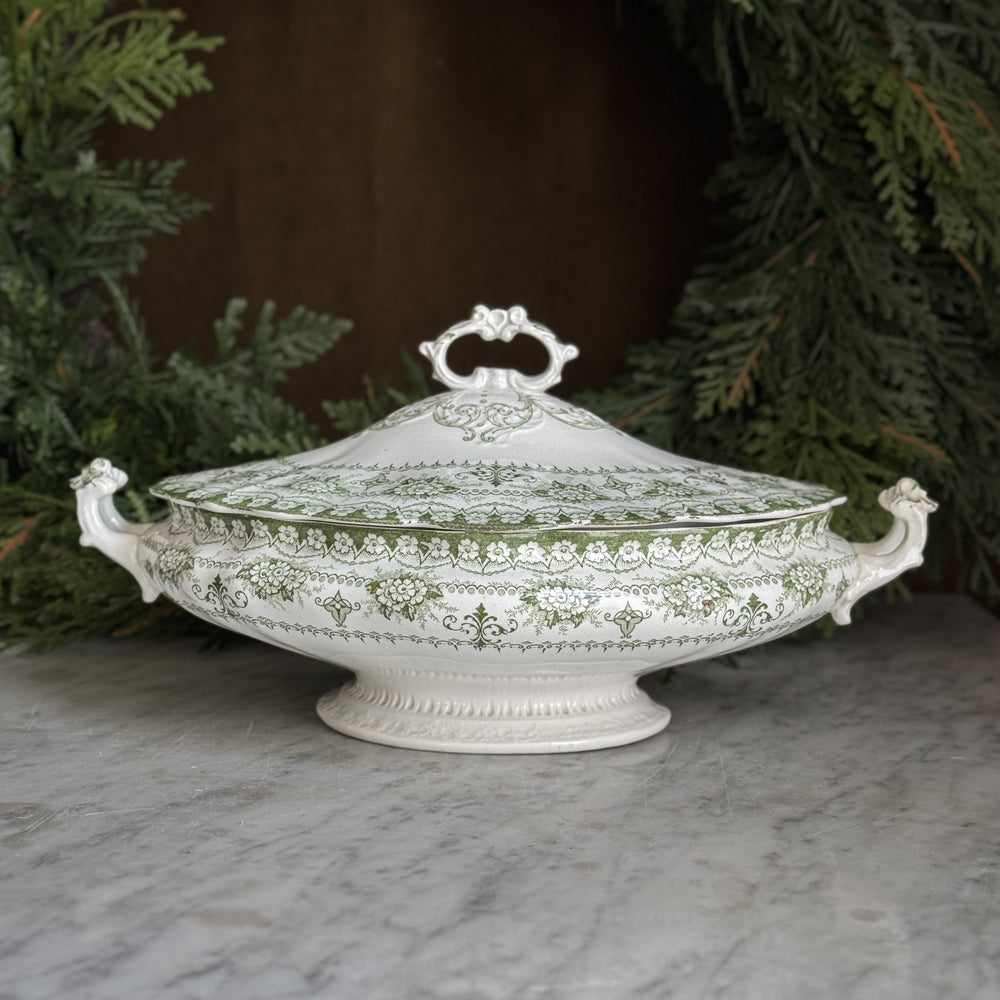 Antique green and white Hanley tureen w/lid.