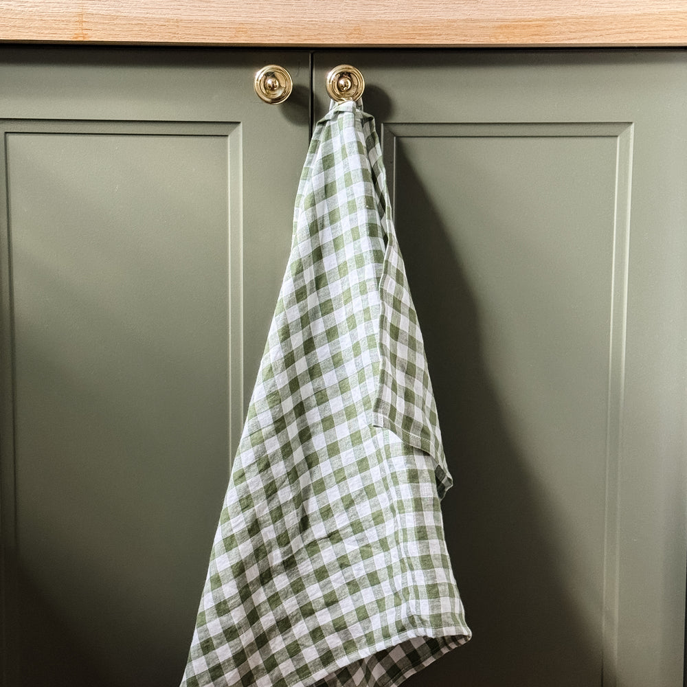 Green Gingham Linen Tea Towel