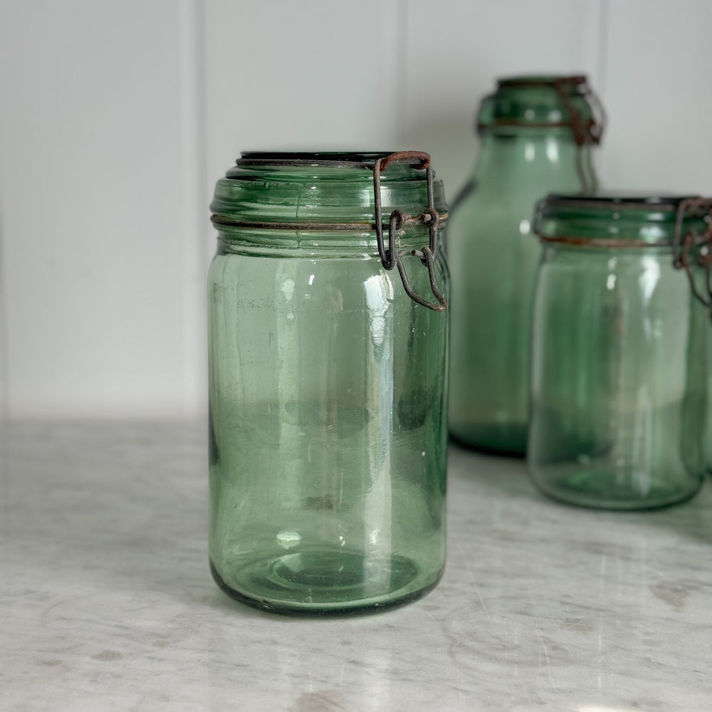 Vintage M Wide Green Glass Canning Jar- FRANCE