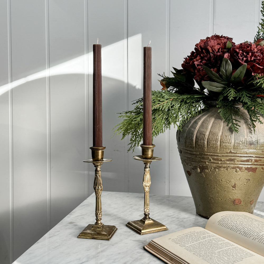 Vintage pair brass column taper candleholders.