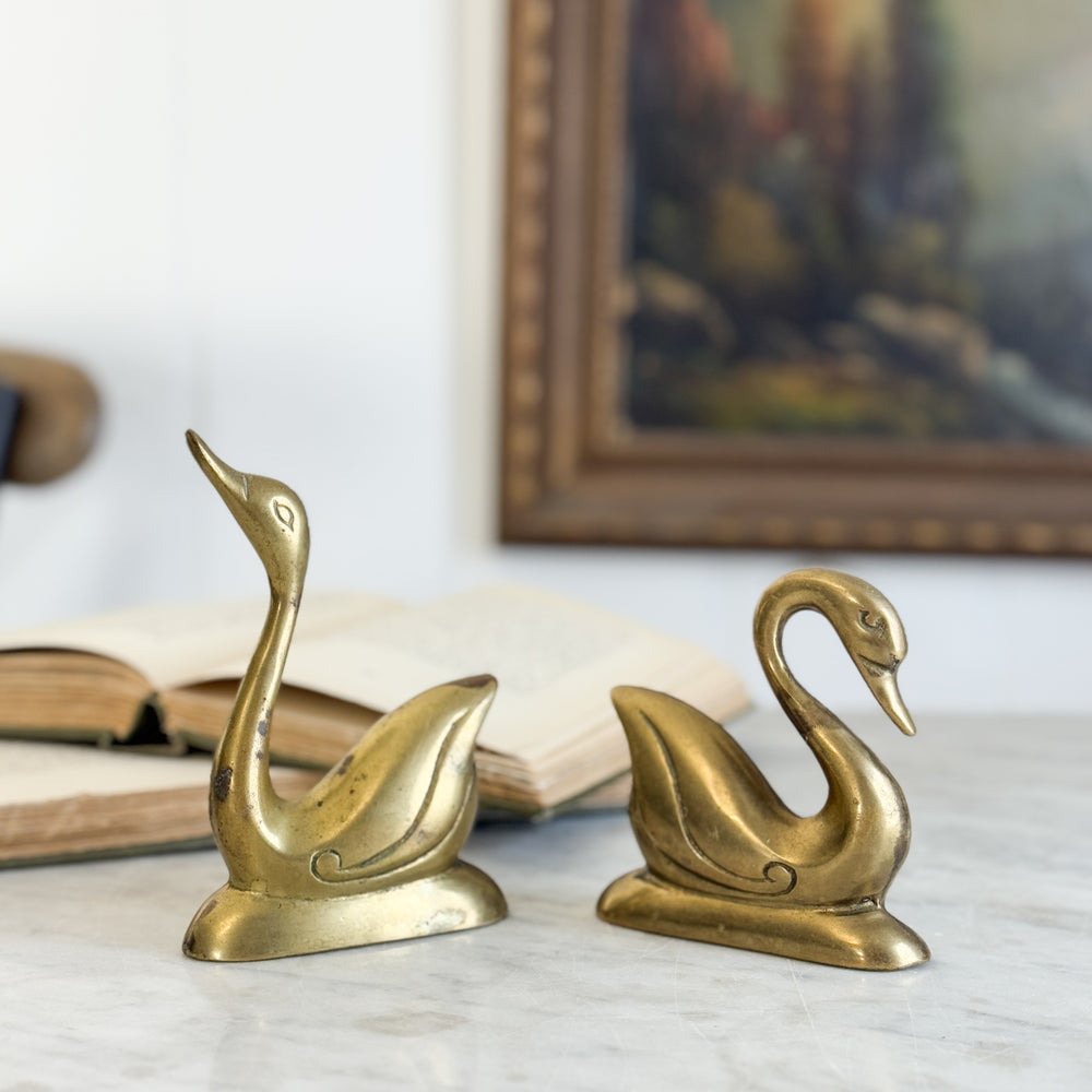 Vintage brass swan pair