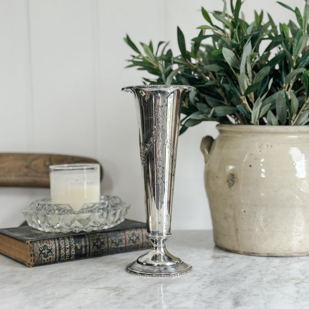 Vintage Silver Etched Tapered Vase