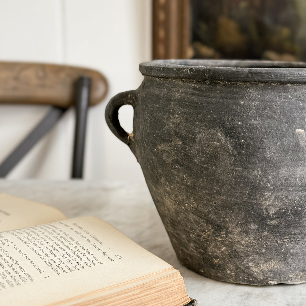 Vintage black pottery small w/ handles.