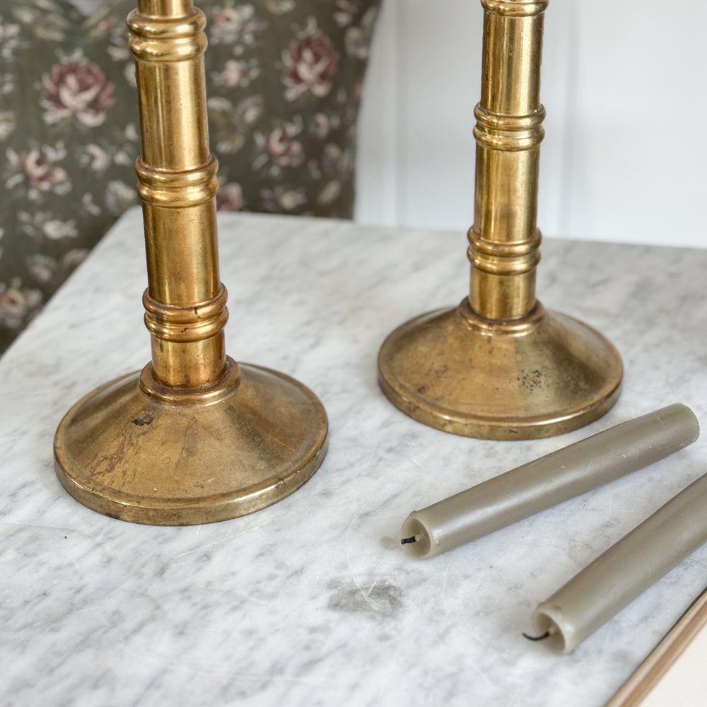 Vintage tall heavy rolled brass gold taper pair