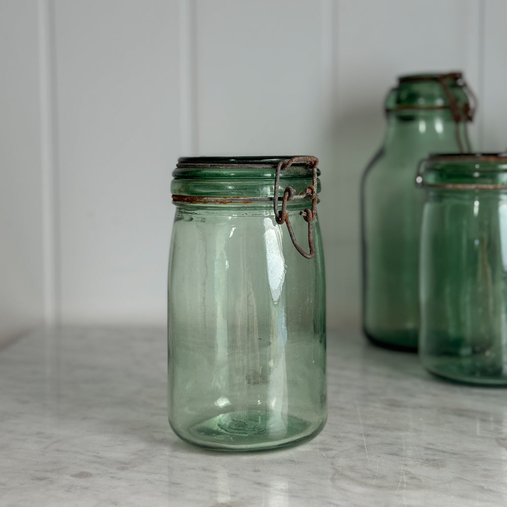 Vintage M Wide Green Glass Canning Jar- FRANCE