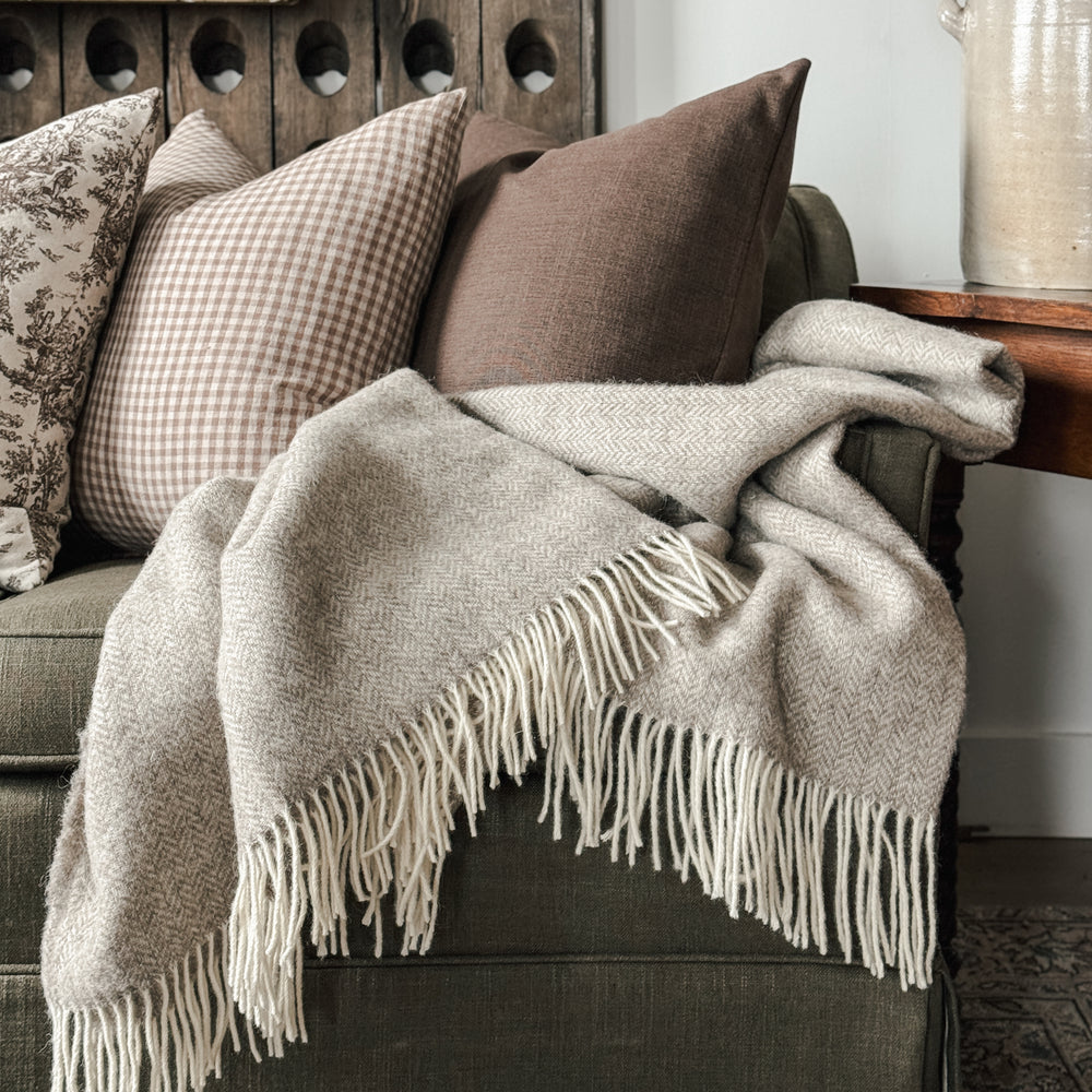 Taupe Herringbone European Wool Blanket.