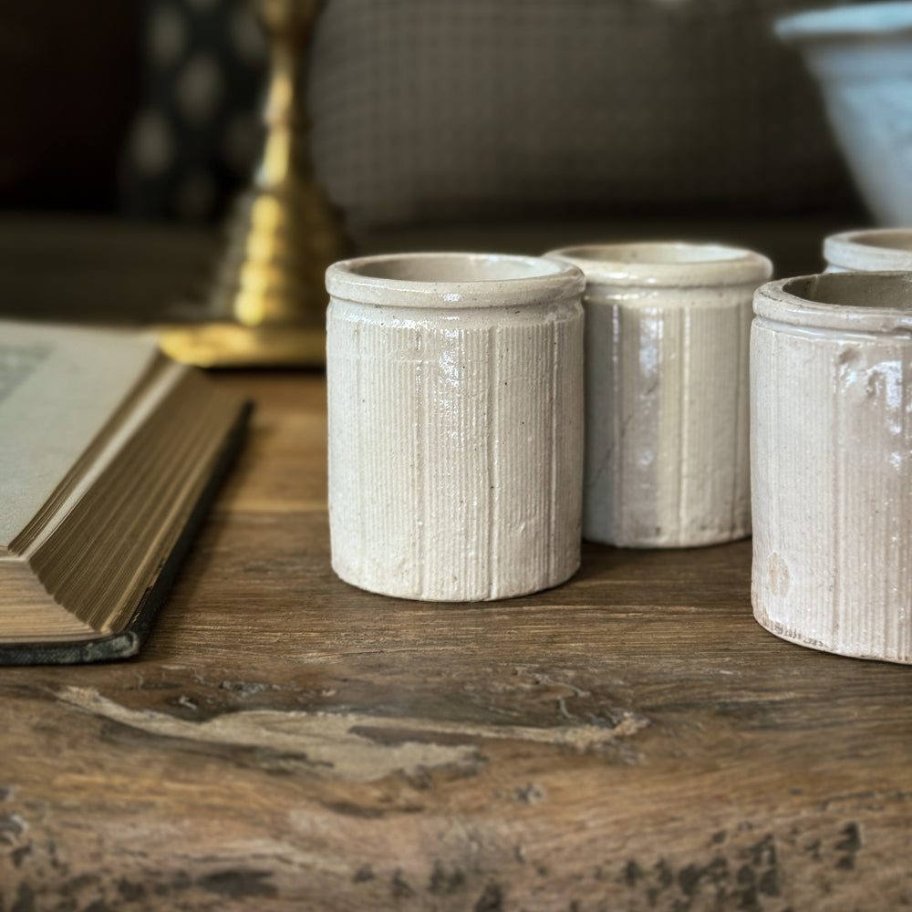 Antique stoneware xsmall marmalade crock jar.