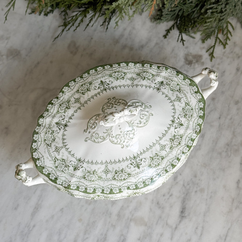 Antique green and white Hanley tureen w/lid.