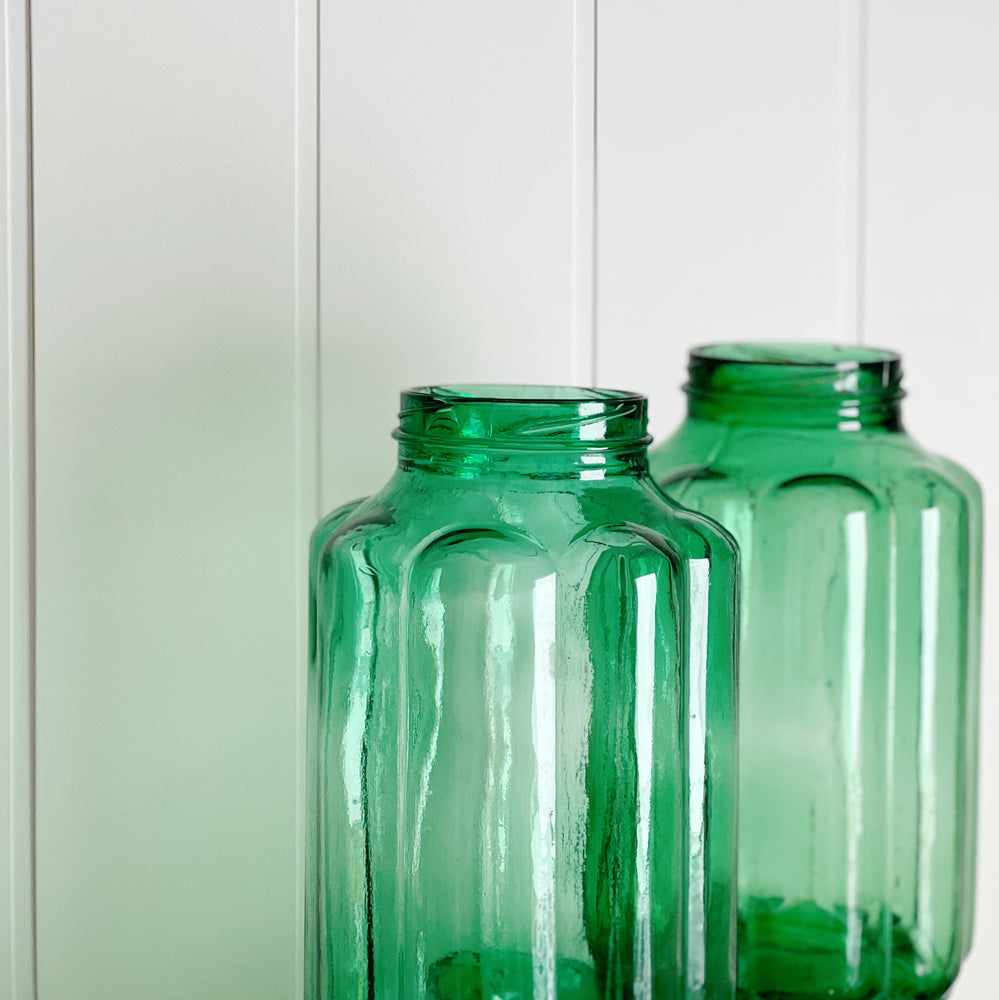 Vintage green pickling jars.
