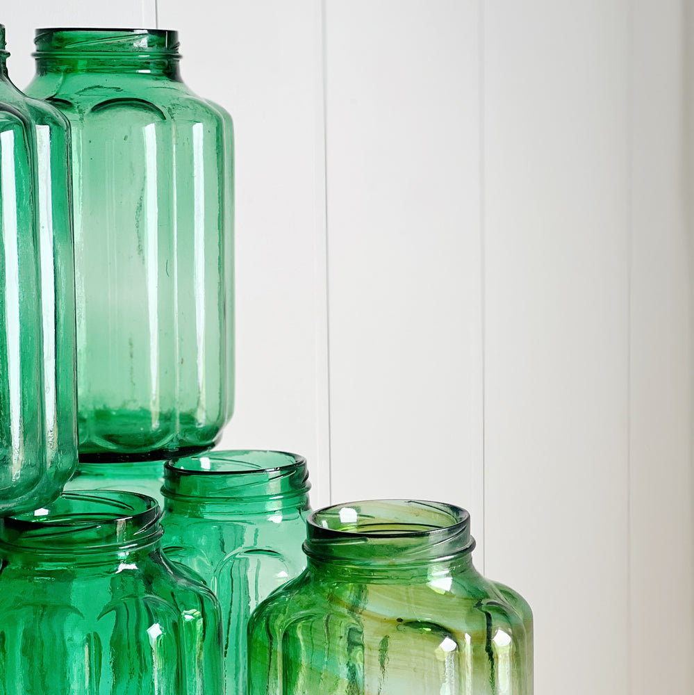 Vintage green pickling jars.